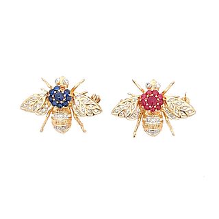 Two 14K Gold Sapphire, Ruby, and Diamond Bee Pendant or Pin