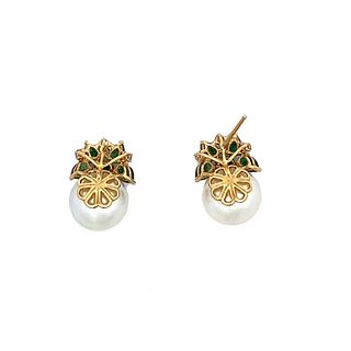 14K Gold Emerald, Diamond and Pearl Earrings