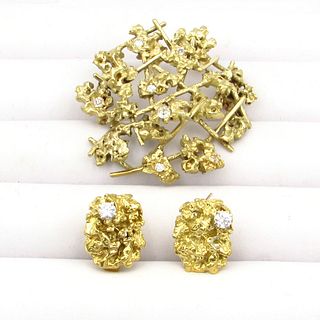 Brutalist 18K Gold Nugget Diamond Pin, Earrings