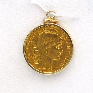 1904 France Gold 20 Francs Rooster Coin Pendant
