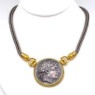 18K Gold Sterling Double Sided ancient Coin & Bloodstone Necklace