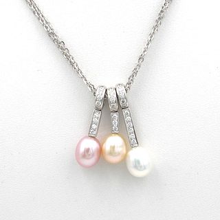 Platinum and 18K Gold Diamond Peach, Golden and white pearl drop necklace