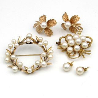Four piece 14K Gold Cultured Pearl Pin & Earring 