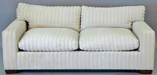 Mason-Art custom linen upholstered loveseat having down filled cushions, marked Mason-Art New York Custom Made. lg. 77in.