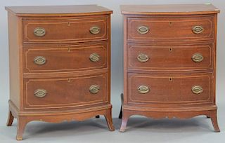 Pair of Biggs three drawer diminutive small chests, mahogany with line inlays. ht. 28in., wd. 22in.