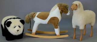 Three large ride on stuffed animals including sheep with wood legs (ht. 33in.), rocking horse and a panda (ht. 17in.), and a 