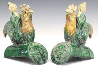 (2) CHINESE SANCAI GLAZED 'IMMORTAL MAN RIDING A ROOSTER' ROOF TILES