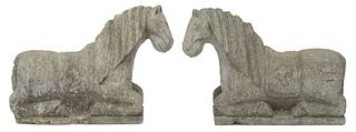 (2) CHINESE CARVED STONE GARDEN STATUES RECUMBENT HORSES