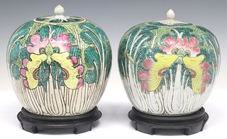 (2) CHINESE CABBAGE LEAF PORCELAIN COVERED MELON JARS ON STANDS