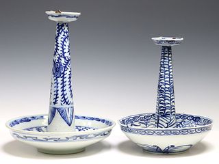 (2) CHINESE BLUE & WHITE PORCELAIN CANDLESTICK HOLDERS