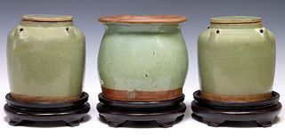 (3) CHINESE GREEN GLAZED CERAMIC COVERED JARS & PLANTER ON STANDS