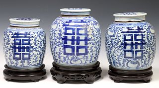 (3) CHINESE BLUE & WHITE PORCELAIN COVERED GINGER JARS ON STANDS