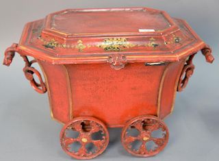 English tole coal hod or scuttle, sarcophagus shaped red ground with gilded decoration, 19th century. ht. 13in., lg. 22in.