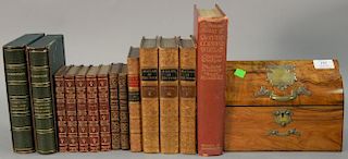 Group of leather bound books and burl letter lift top box with brass mounts. ht. 8in., lg. 9 1/2in., dp. 5in.
