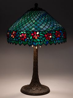 HANDEL LATTICE AND FLOWERS LEADED ART GLASS ELECTRIC TABLE LAMP