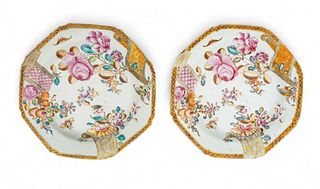 Chinese Export Porcelain Octagonal Plates, Famille Rose, Ca. 1780, Dia. 9" 2 pcs
