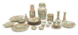 Chinese Rose Medallion Export Porcelain Tableware, Vases, Candlesticks & Teapots, Ca. 18/19th C., H 13" Dia. 6.5" 27 pcs