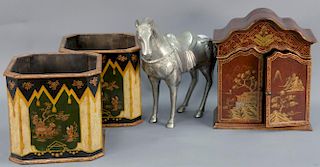 Four Oriental style decorated pieces including pair of Chinoiserie decorated waste cans, small cabinet, and large metal horse