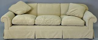 Custom tan upholstered sofa, very clean. lg. 92in.