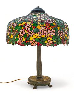 Handel Lamp Company (American, 1885-1936) Leaded Glass Table Lamp Ca. 1910-1920, "Pink Dogwood", H 29" Dia. 22"