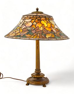 Duffner & Kimberly (American (Est. 1905)) Art Glass Table Lamp Ca. 1910-1930, "German Renaissance", H 24" Dia. 21"