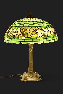 Wilkinson Art Glass Table Lamp Ca. 1910-1920, "Dogwood Border", H 26" Dia. 20"