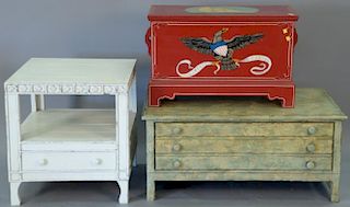 Three piece contemporary painted group to include a painted ship lift top chest, white painted stand with one drawer, and a g