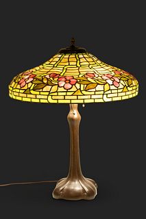 American Leaded Glass Table Lamp on Handel Base "Periwinkle", H 18" Dia. 17"