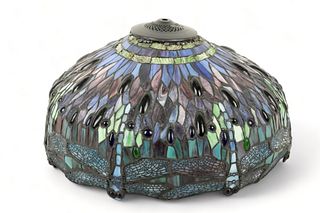 Tiffany Style Blue Dragonfly Leaded Art Glass Shade, H 9.5" Dia. 18"