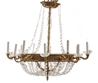 Attributed to Mel Rykus, Bronze & Crystal 12-light Chandelier, Ca. 1970, H 40" Dia. 40"