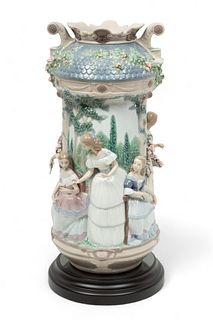 Lladro (Spanish) 'Ladies in the Garden' Porcelain Figural Vase, Ca. 2005, H 20" L 10"