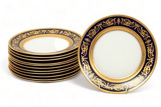 Theodore Haviland (New York) Limoges Porcelain Plates, Cobalt Band & Fired Gold, Ca. 1900, Dia. 10" 12 pcs