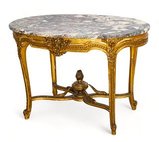French Louis XV Style Carved Gilt Wood And Marble Top Table, Ca. 1900, H 30" W 29" L 44"
