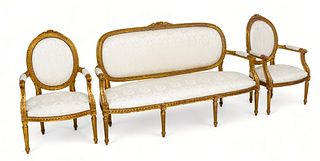 French Louis XVI Style Giltwood Parlor Set, Cream Brocade Upholstery, Ca. 1900, H 40" W 66" Depth 24" 3 pcs