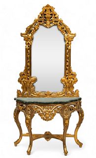 French Louis XV Style Carved Giltwood Marble Top Console And Mirror, Ca. 20th C., H 91.5" W 48" Depth 13"