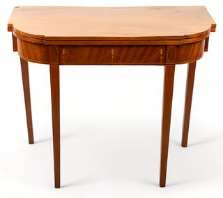 English Federal Style Flame Grain Mahogany & Satinwood String Inlay Games Table, Ca. 1800, H 29.5" W 34.5" Depth 16"