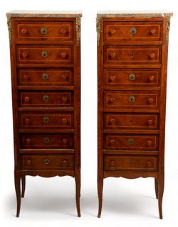 Louis XV Style Marble Top Semainier Chests, Ca. 1900, H 48" W 16" Depth 12" 1 Pair