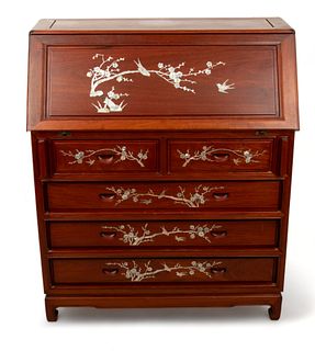 Asian Carved Rosewood Mother of Pearl Inlaid Slant Front Desk, H 42" W 36" Depth 17"