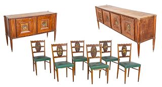 Carved Pine Dining Chairs & Sideboard & Server, Grape Leaf Motif, Ca. 1940, H 37" W 17" Depth 17" 8 pcs