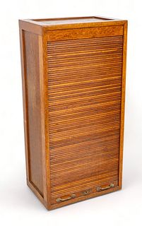 Carved Oak Tambour Front Case, Ca. 1920, H 49.5" W 24" Depth 16"