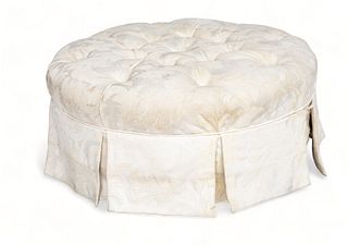 Silk Upholstered Tufted Low Cylindrical Ottoman 20th C., H 17" Dia. 35"