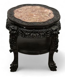 Chinese Carved Wood And Rouge Marble Top Table, H 22.5" Dia. 27"