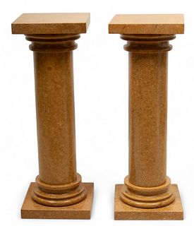 Pair of Carved Yellow Marble Pedestals, H 40.5" W 14.25" Depth 14.25"