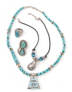 American Southwest Style Sterling Silver And Turquoise Jewelry, L 20" 108g 4 pcs