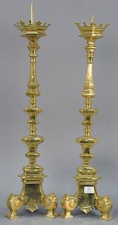 Pair of large heavy brass candlestick prickets, baroque style. ht. 30in.