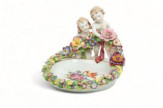 Von Schierholz (Germany) Porcelain Trinket Dish, Children with Flower Garland, Ca. 1930, H 7" Dia. 9"