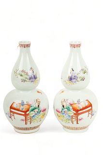 Chinese Famille Rose Gourd Form Porcelain Vases, H 13" Dia. 5.5" 2 pcs