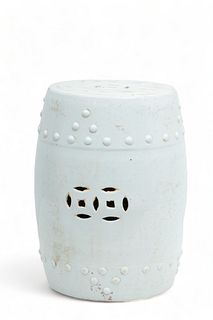 Chinese White Glazed Porcelain Barrel Form Garden Seat, H 18" Dia. 11"
