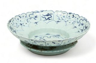 Chinese Porcelain Blue on White Stemmed Bowl, H 5" Dia. 15"