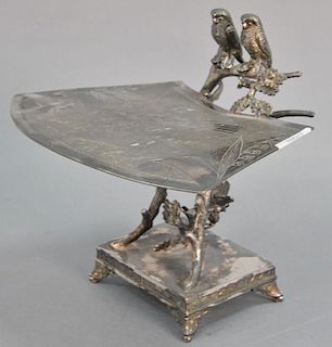 Victorian silverplated calling card holder "Should Owls Acquaintance Be Forgot". ht. 7 1/2in., wd. 8 3/4in.
